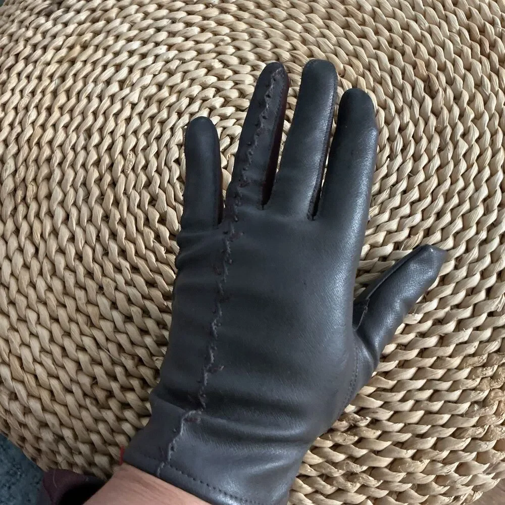Women’s Black Faux Leather Gloves Burgundy Trim Hand Stitched Size 7
